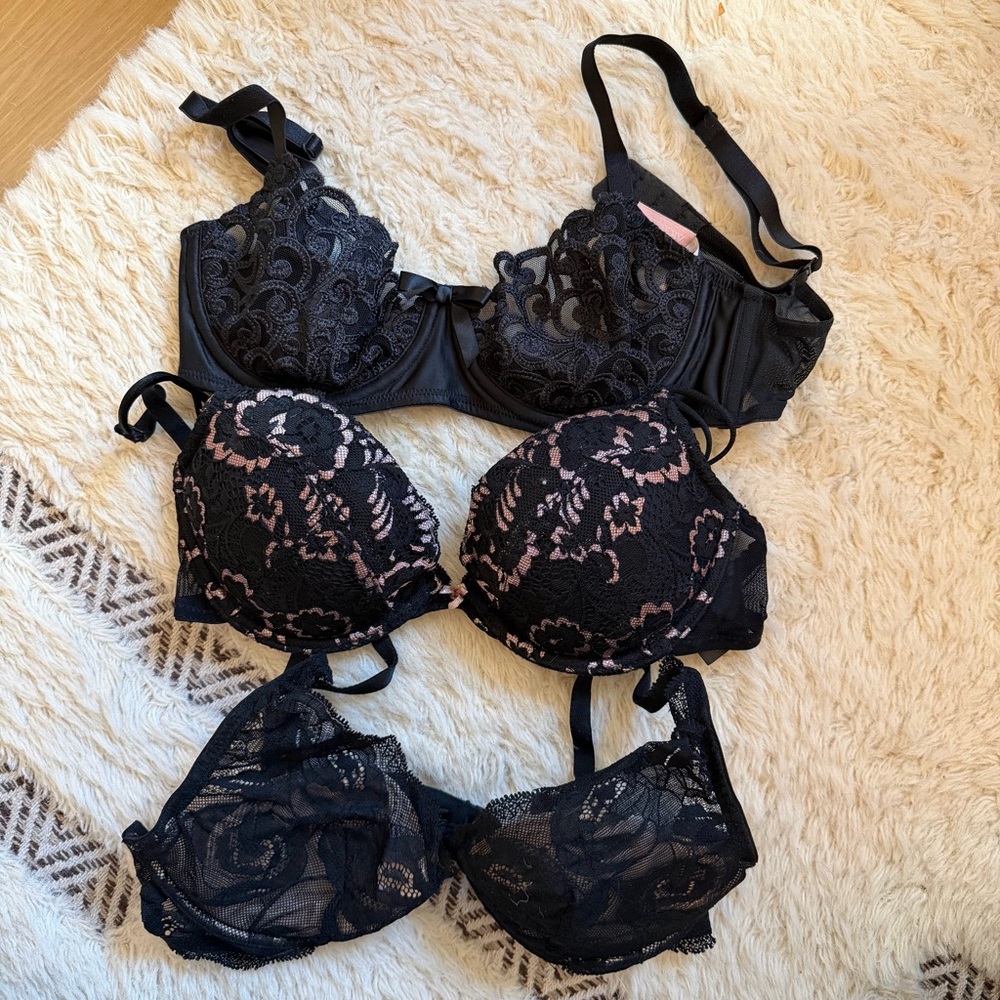 3 Black Lace Bras - VS, CK, HM